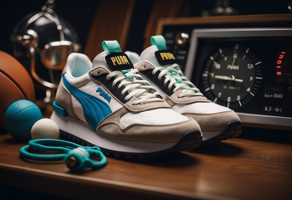 A pair of Puma Future Rider sneakers surrounded by sports equipment
and a stopwatch, with the number &ldquo;10&rdquo; prominently
displayed