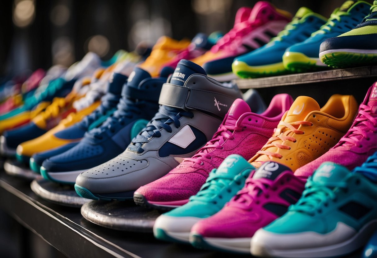 A pile of colorful sports shoes arranged in a neat row with a
&ldquo;Frequently Asked Questions: 10 Interesting Facts About Sports Shoes&rdquo;
displayed on a nearby
sign