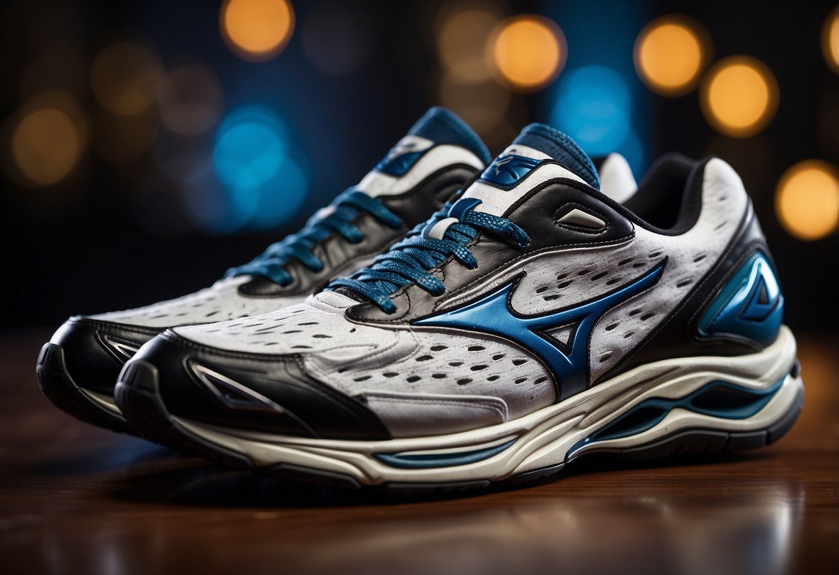 A pair of Mizuno Wave Rider sports shoes sits atop a list of the top
10 sports shoe brands, surrounded by logos and product
descriptions